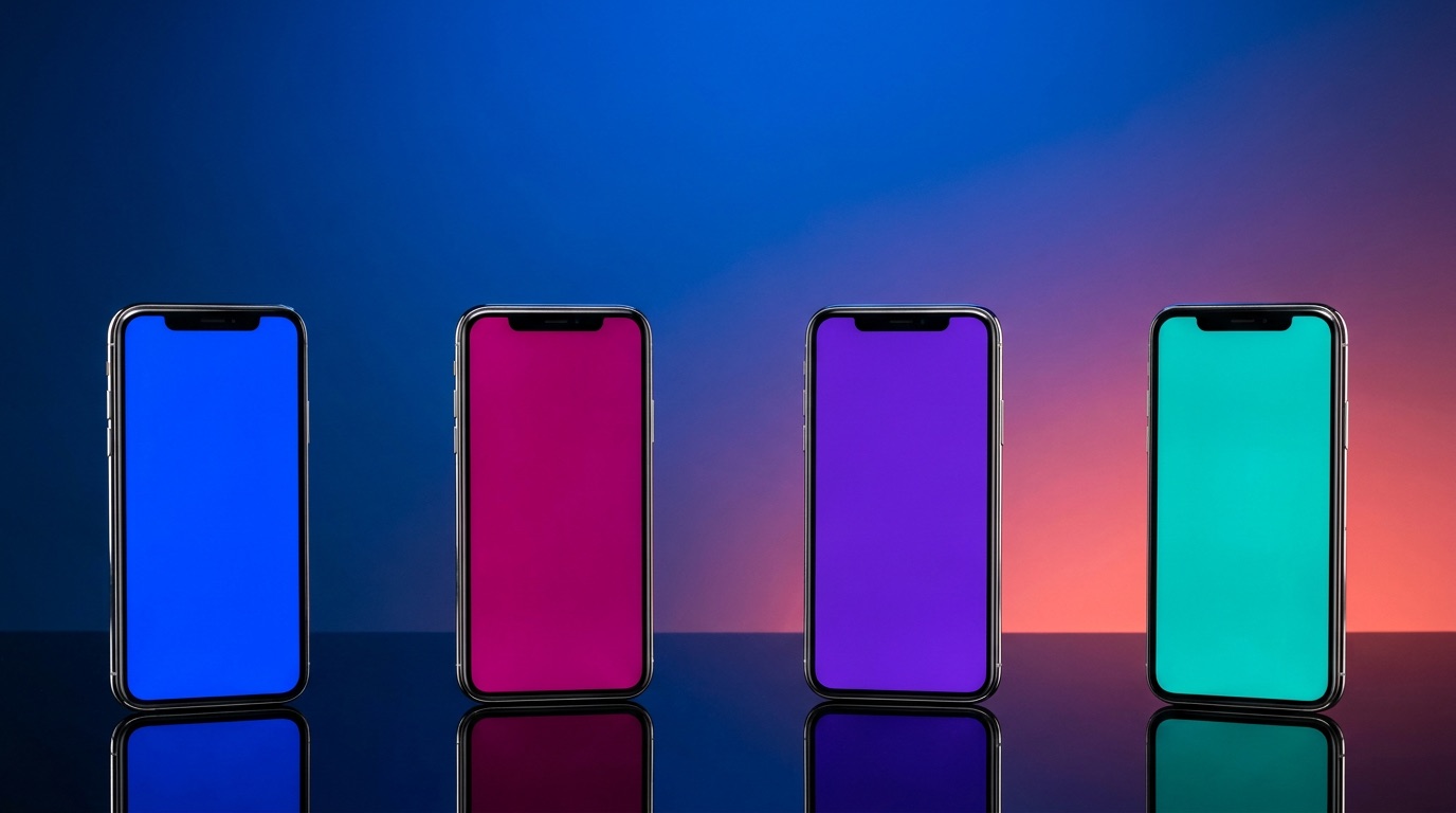 Four smartphones standing in a row on a glossy reflective surface against a blue-to-coral gradient, each screen glowing a different solid color with no text or logos